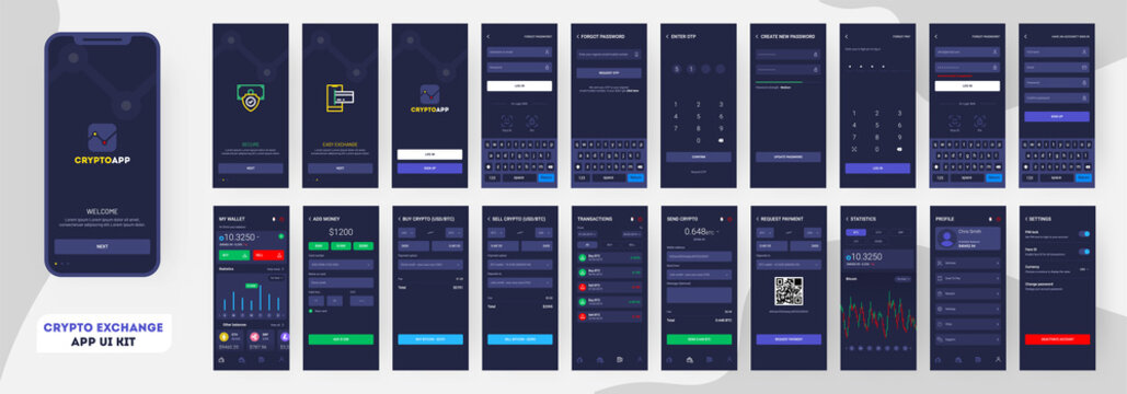 Crypto App UI Kit for responsive mobile app or website with different GUI layout including login, Cr