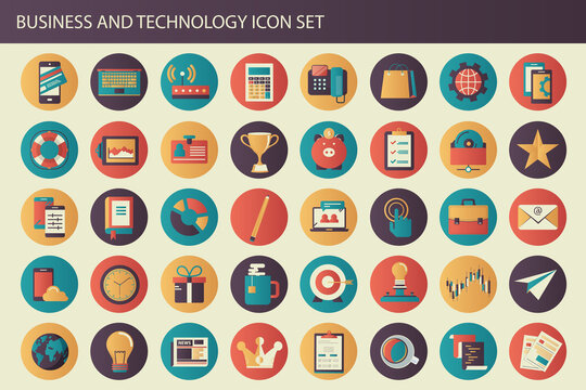 Business, management, finances and technology icon set for website and mobile applications. Flat vec