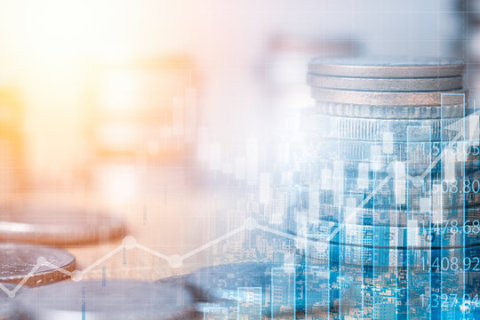 Candlestick chart and trend graph with coins stacking for financial stock market and forex trading i