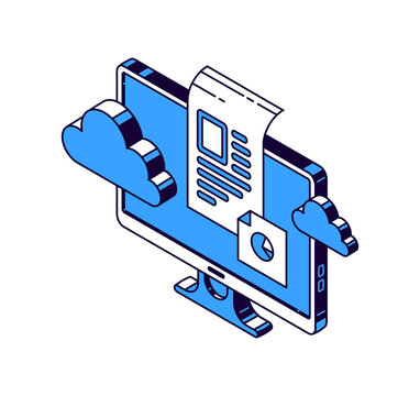 Computer monitor, virtual cloud and documents with information, isometric vector icons