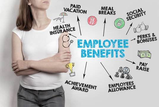 Employee Benefits Concept. Woman on gray background